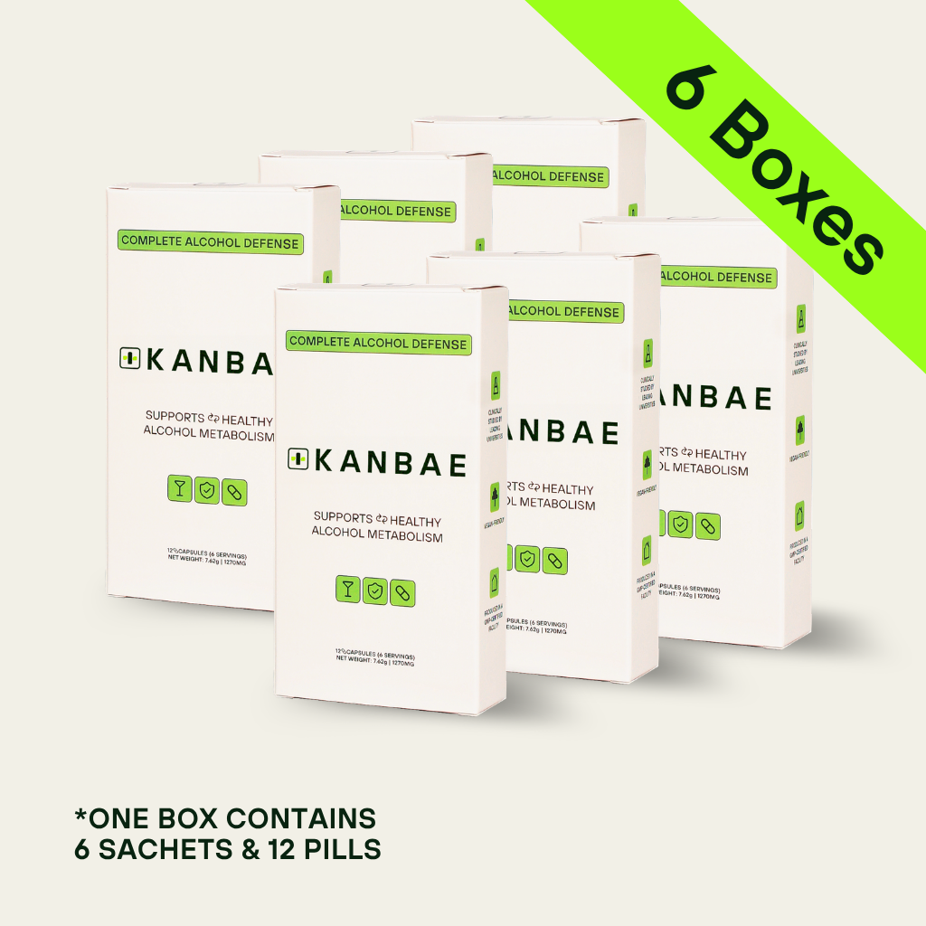 Kanbae Complete Alcohol Defence product packaging with sachets and a box on a white background (36 servings, Pack of 6)