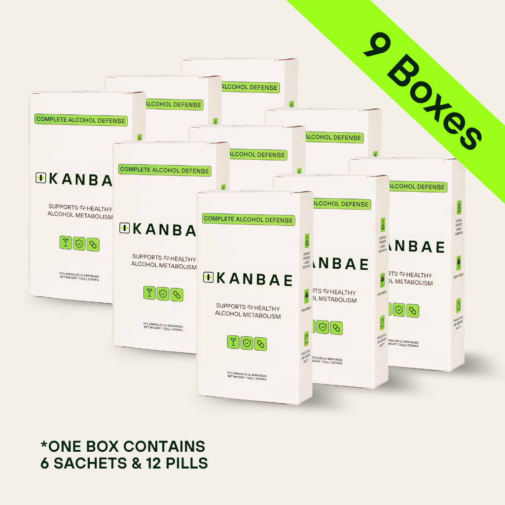 Kanbae Complete Alcohol Defence product packaging with sachets and a box on a white background (54 servings, Pack of 9)