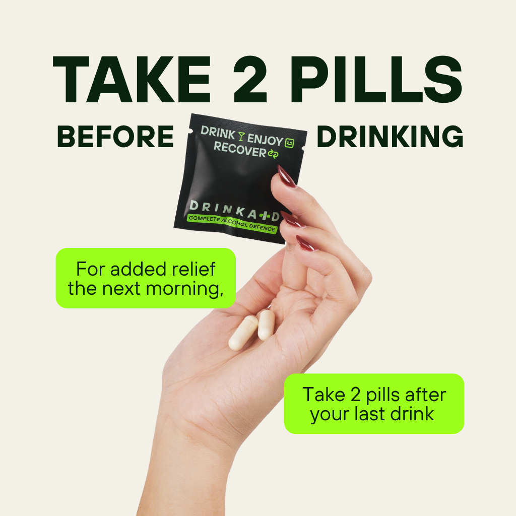 Kanbae dosage instructions - take 2 capsules before drinking to support alcohol metabolism; take 2 additional capsules for heavier sessions