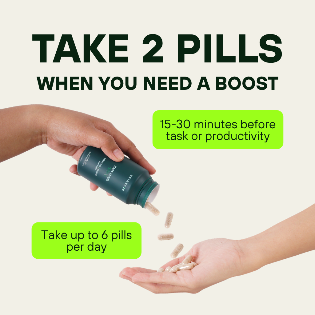 Easy Mode dosage instructions - when you need a boost, take 2 capsules 15-30 minutes before a task of when you need to be productive; take up to 6 pills per day.