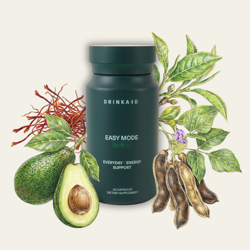 Bott of Easy Mode Supplement surrounded by illustrations of ingredient sources like avocado, kucha tea leaves, moroccan saffron, and velvet bean on a light background.