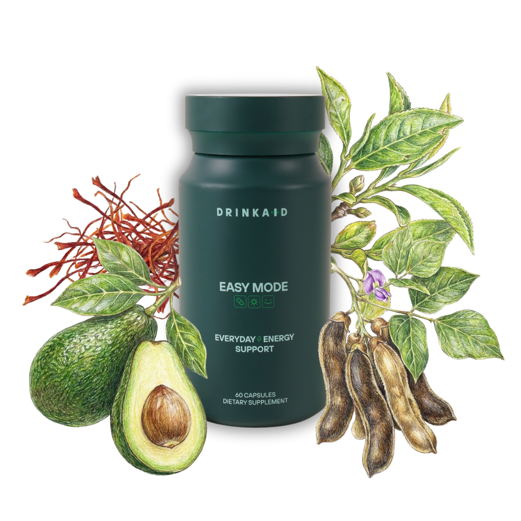 Easy Mode Focus supplement surrounded by sketches of natural ingredient sources, with transparent background