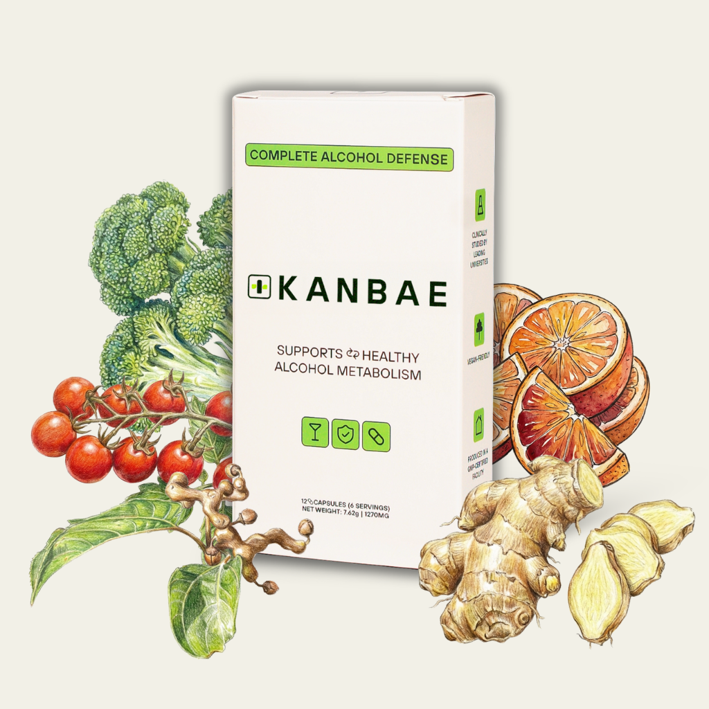 KANBAE supplement box with colored sketches of key ingredients DHM, Pyroglutamic Acid, Succinic Acid, Ginger Extract, Vitamin C, etc. on a light background