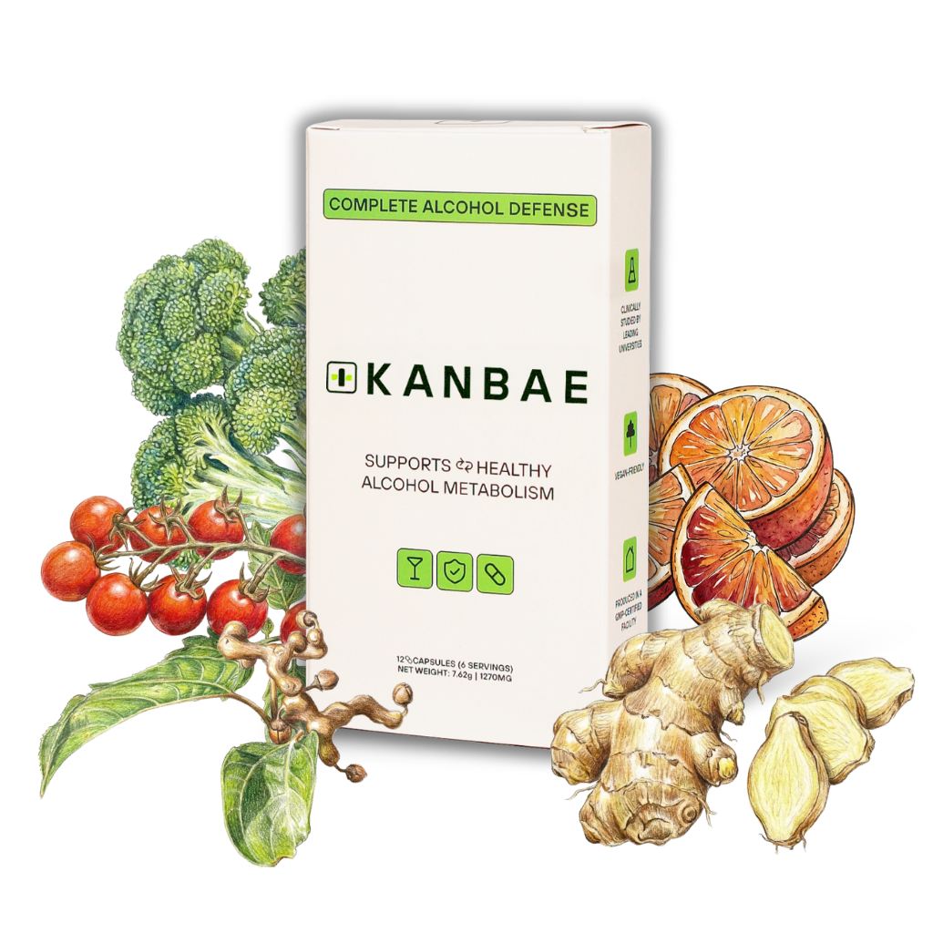 Kanbae Complete Alcohol Defence supplement surrounded by sketches of natural ingredient sources, with transparent background