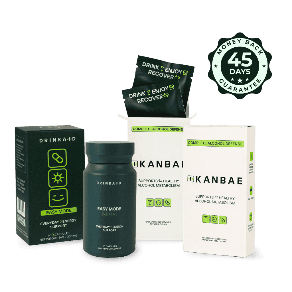 Image of Kanbae and Easy Mode supplements, with 45 day money back guarantee.