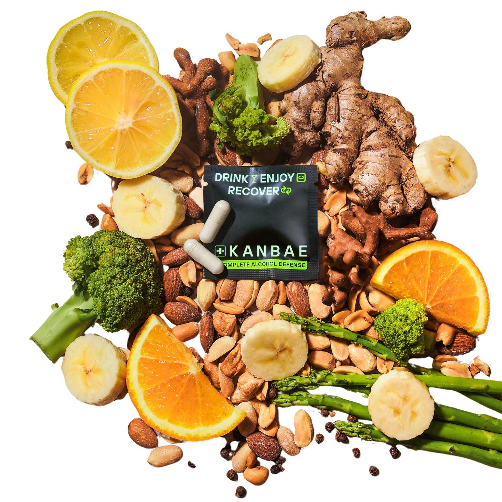 Kanbae anti-hangover pills and sachet against a backdrop of natural ingredients
